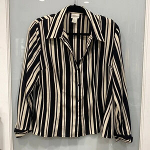 Modern Essentials Women's White Black Stripe Button Down Shoulder Pad Blouse 12